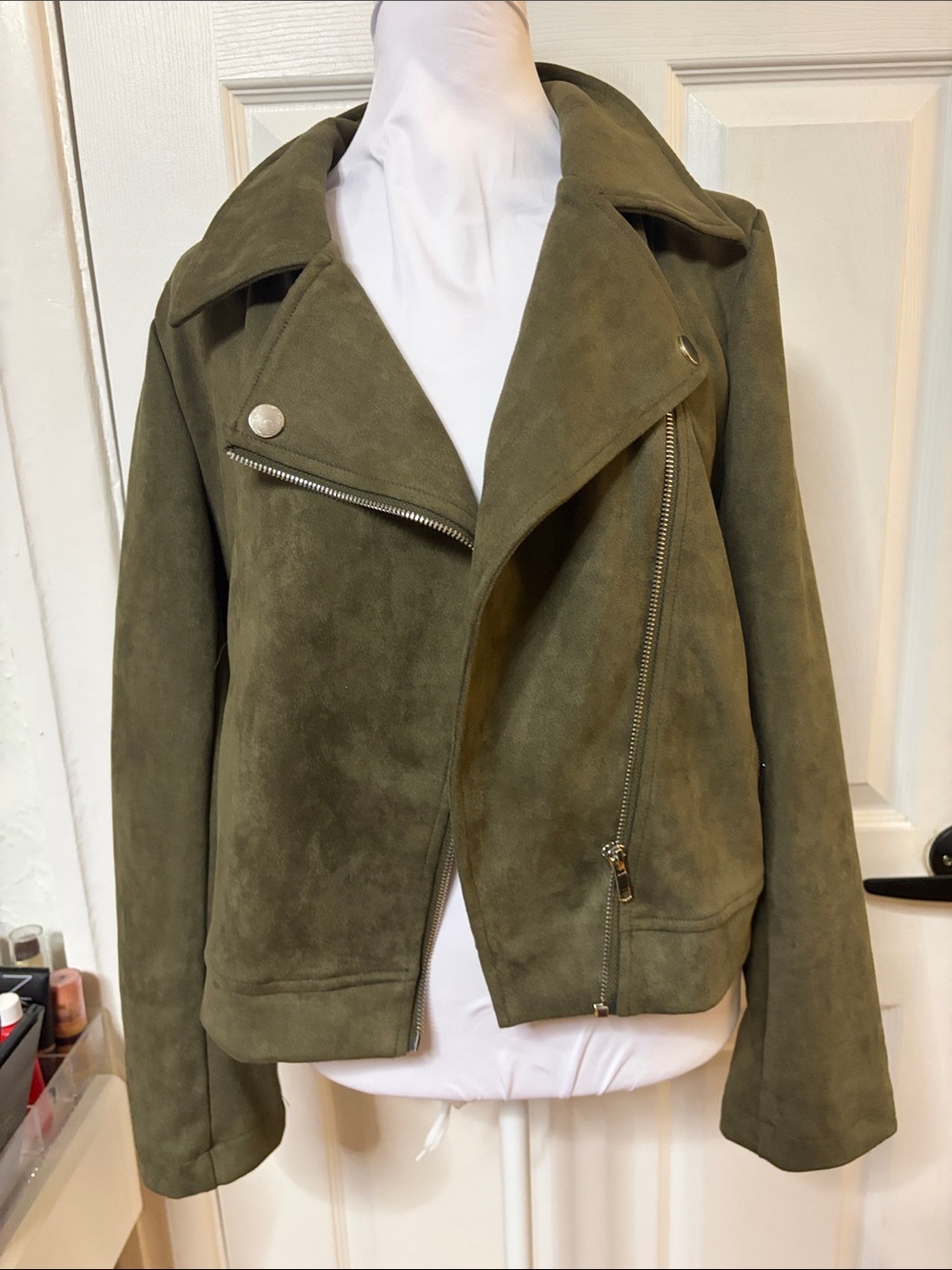 Women's Olive Suede Asymmetric Moto Jacket